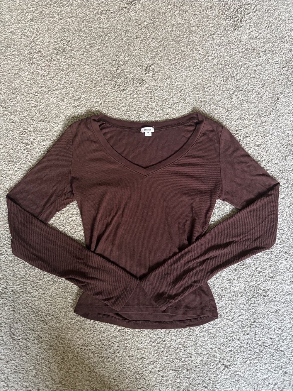 Garage Ribbed V-Neck Long Sleeve Top - Dark Brown